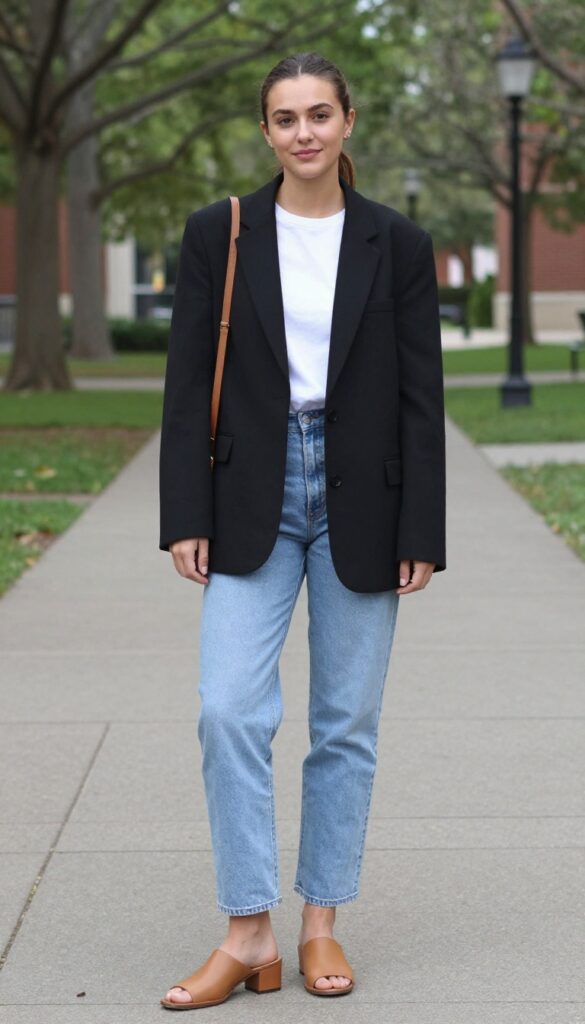 9. Blazer Over a T-Shirt with Straight-Leg Jeans and Mules