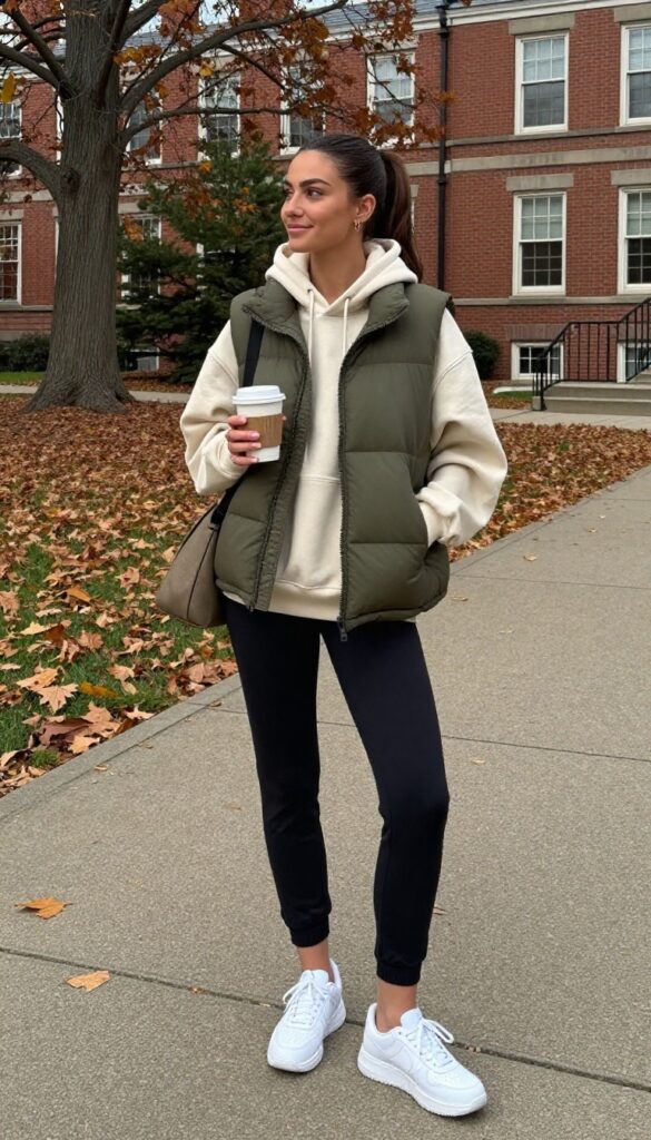 15. Puffer Vest with a Hoodie and Joggers
