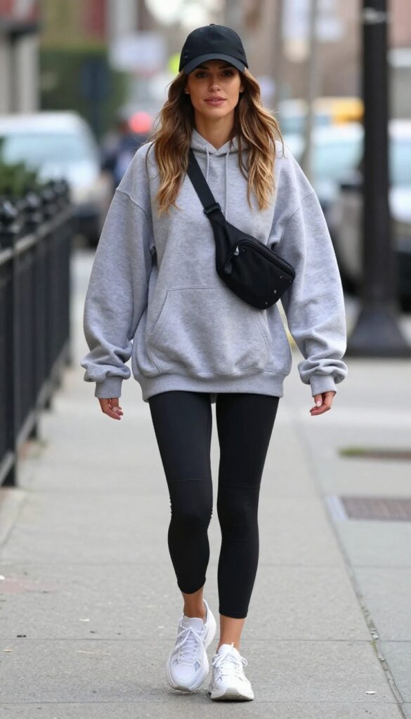 6. Oversized Hoodie + Biker Shorts + Dad Sneakers