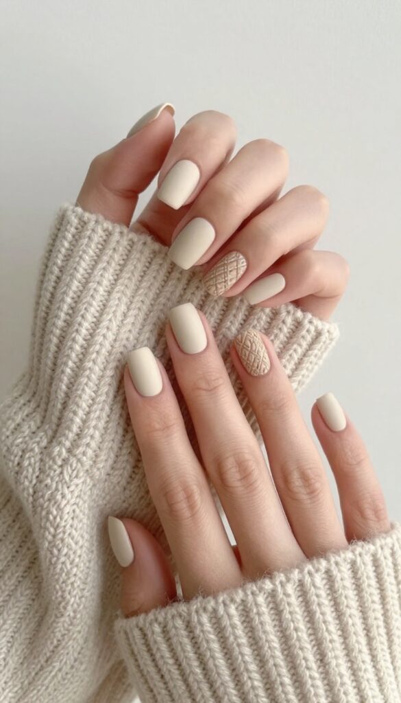 Cozy cable knit nails with matte oatmeal base and textured knit patterns on short nails