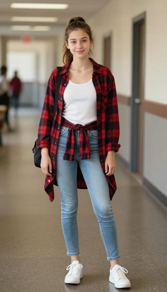 6. Plaid Shirt Tied over a Tank Top