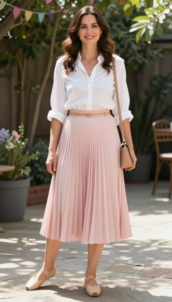 9. Pink or Blue Pleated Skirt with a White Blouse