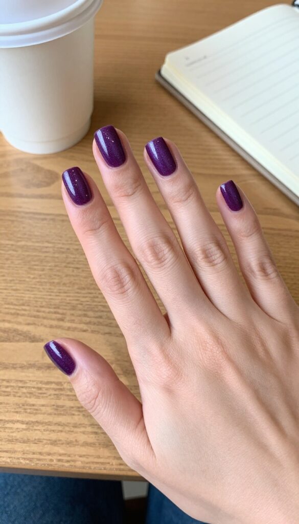 Square medium amethyst shimmer nails on a hand resting on a desk