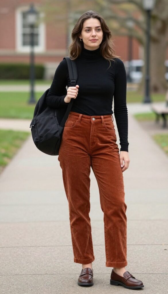 3. Corduroy Pants + Turtleneck + Loafers
