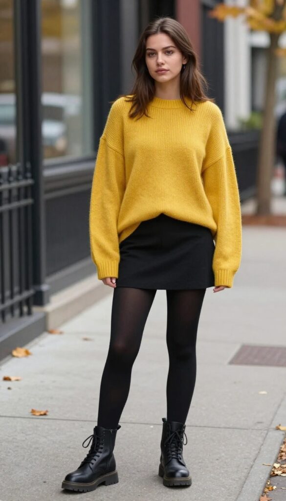 7. Chunky Sweater with Mini Skirt and Tights