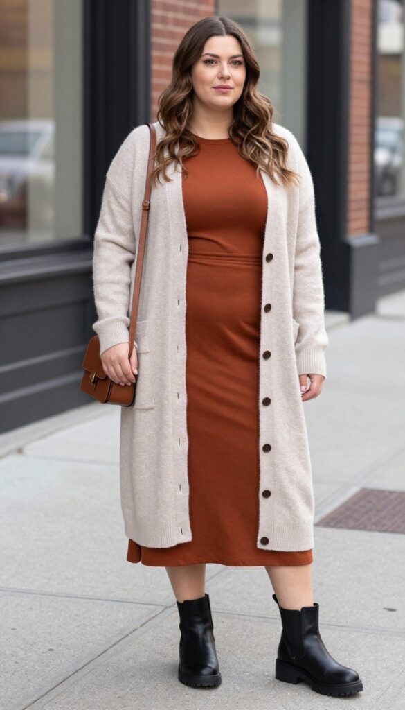 2. Long Cardigan + Midi Dress + Ankle Boots