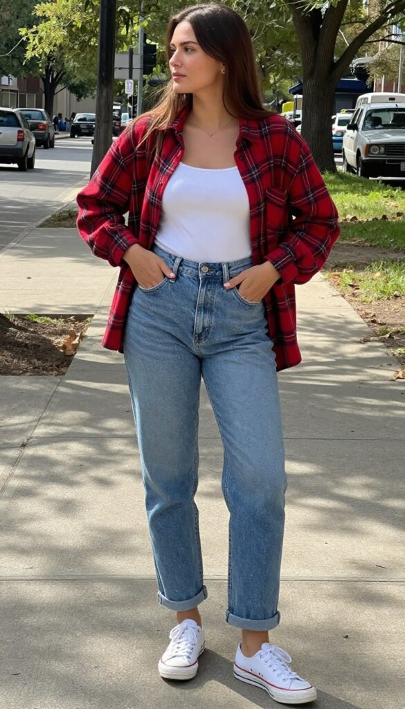 4. Plaid Shirt + Mom Jeans + White Sneakers