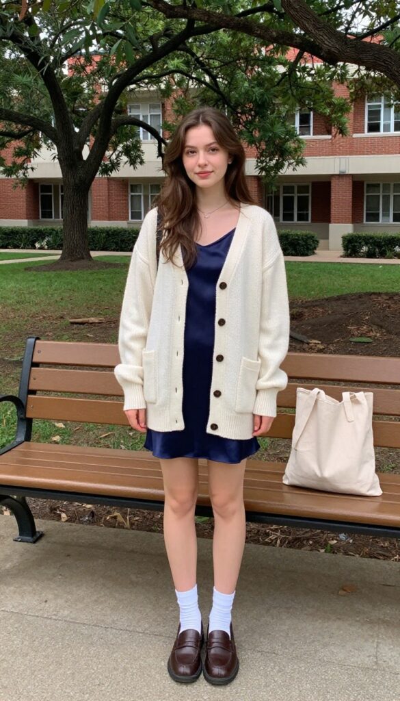 9. Cardigan + Slip Skirt + Loafers