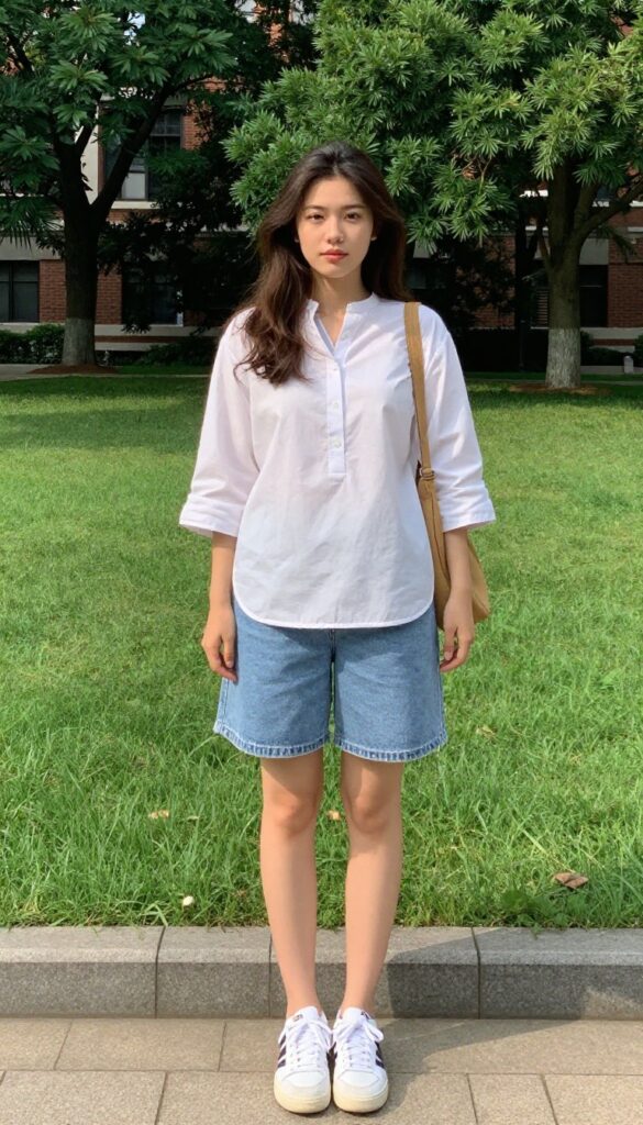 8. Shirt-Style Kurta with Denim Shorts and Sneakers