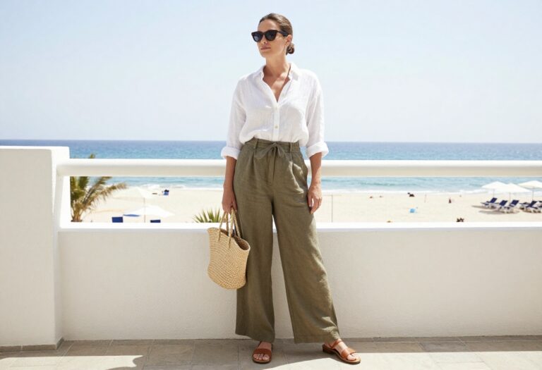 Mom wearing white linen shirt and olive wide-leg pants on vacation balcony