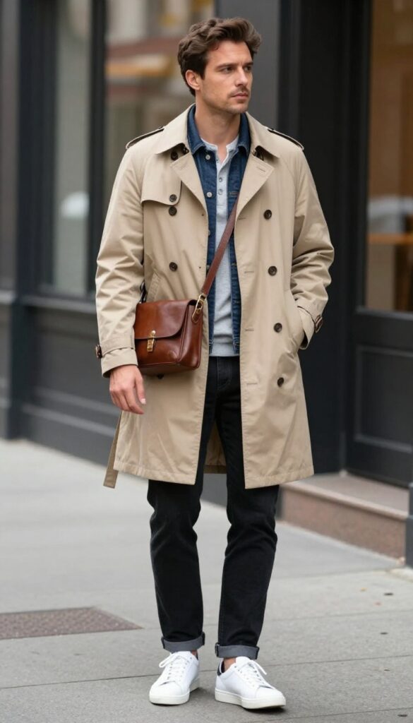 4. Beige Trench Coat over Dark Denim