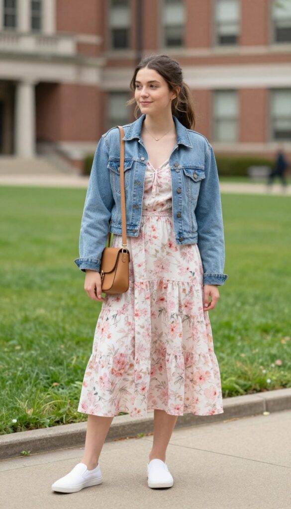 2. Denim Jacket and Midi Dress