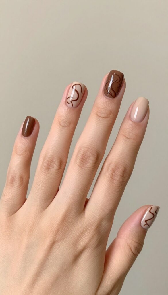 Chocolate swirl accent nails with matte finish on short rounded nails