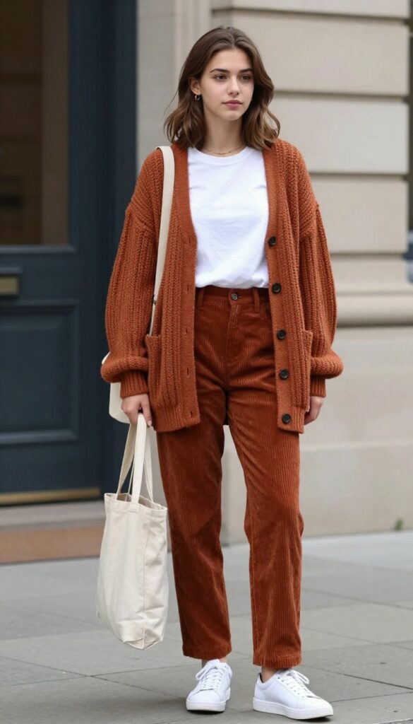 7. Corduroy Pants and a Chunky Cardigan