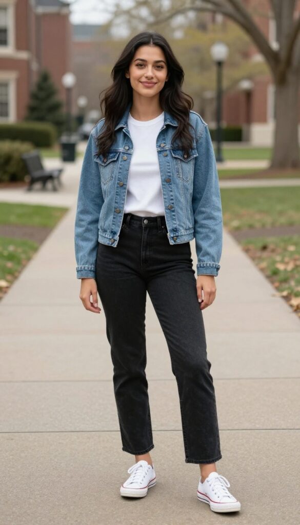 13. Denim Jacket with White Tee and Black Jeans