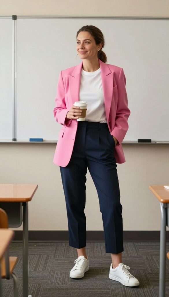 1. Colorful Blazer + White Tee + Cropped Trousers