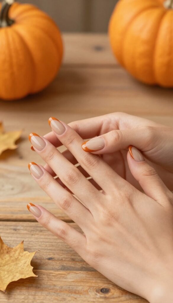 Pumpkin spice French tip nails with burnt orange tips and milky beige base on a rustic autumn setting