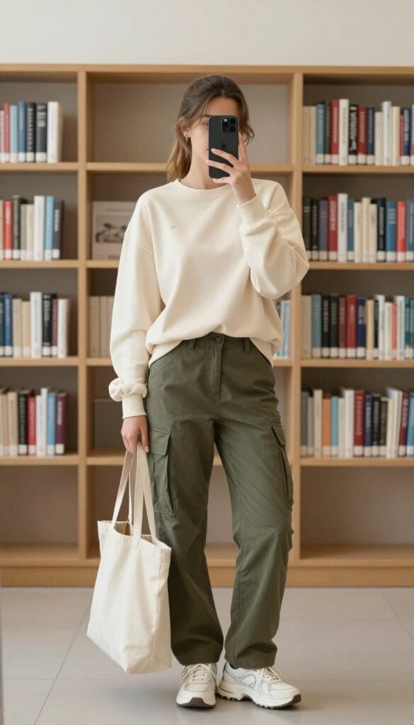 9. Soft Sweatshirt with Cargo Pants and Dad Sneakers