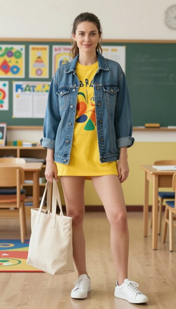 7. T-Shirt Dress + Denim Jacket + Sneakers