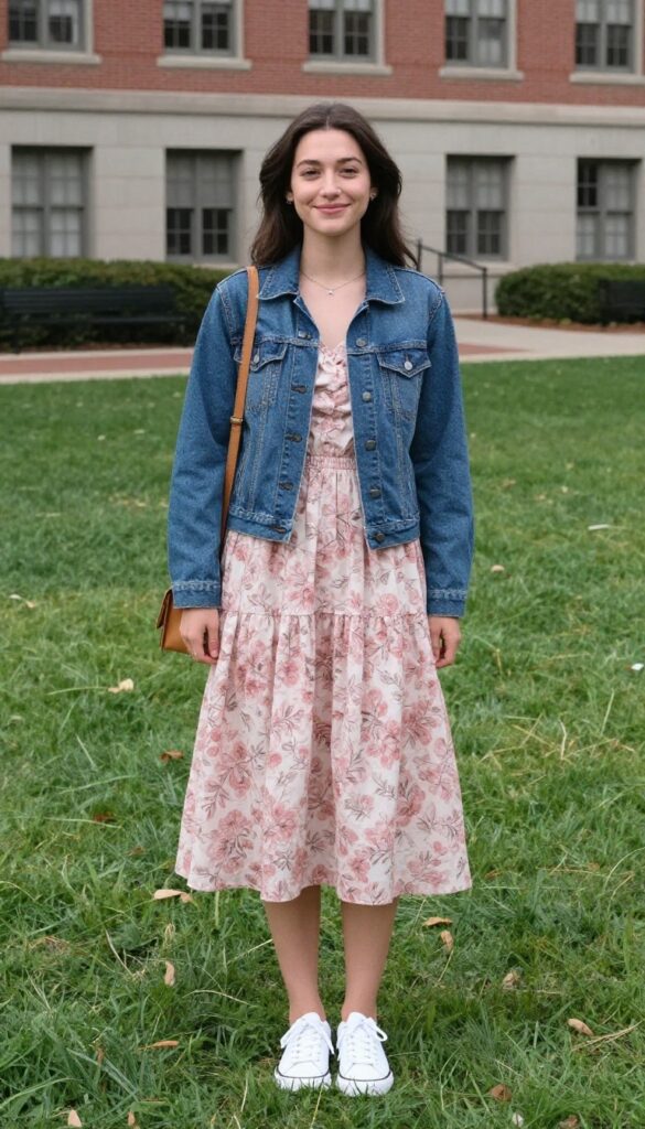 7. Denim Jacket Over a Floral Dress