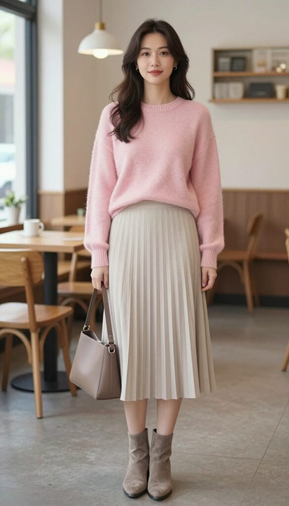 5. Cashmere Sweater + Pleated Midi Skirt + Ankle Boots