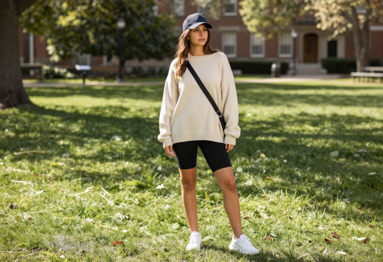 Young woman in oversized sweater and biker shorts on campus