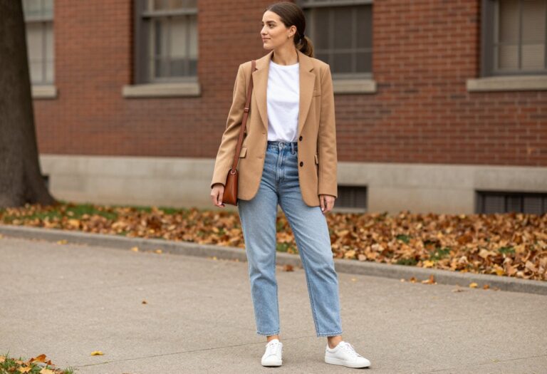 Young woman in blazer, white tee, jeans, and sneakers on campus