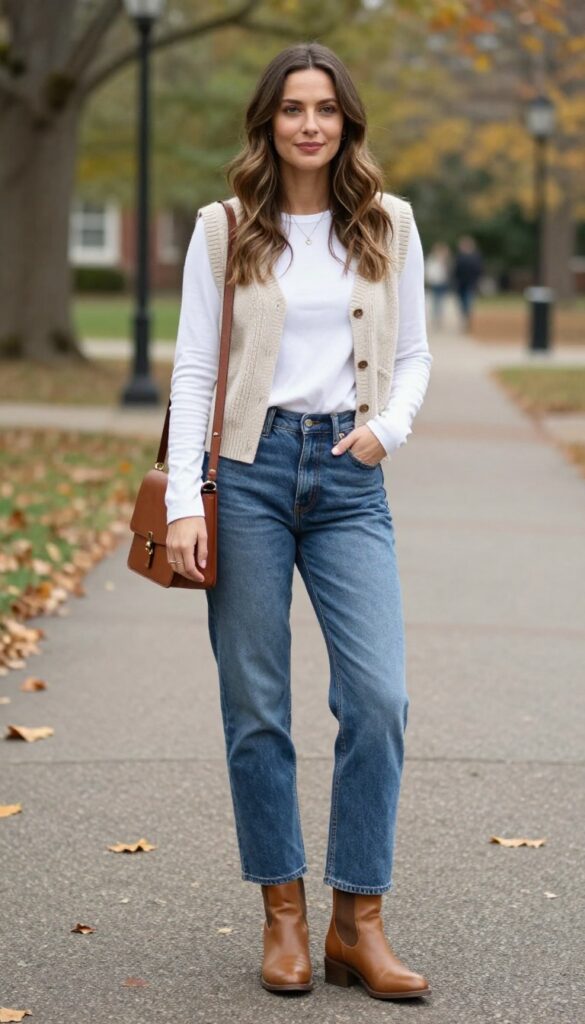 5. Knit Vest and Straight-Leg Jeans