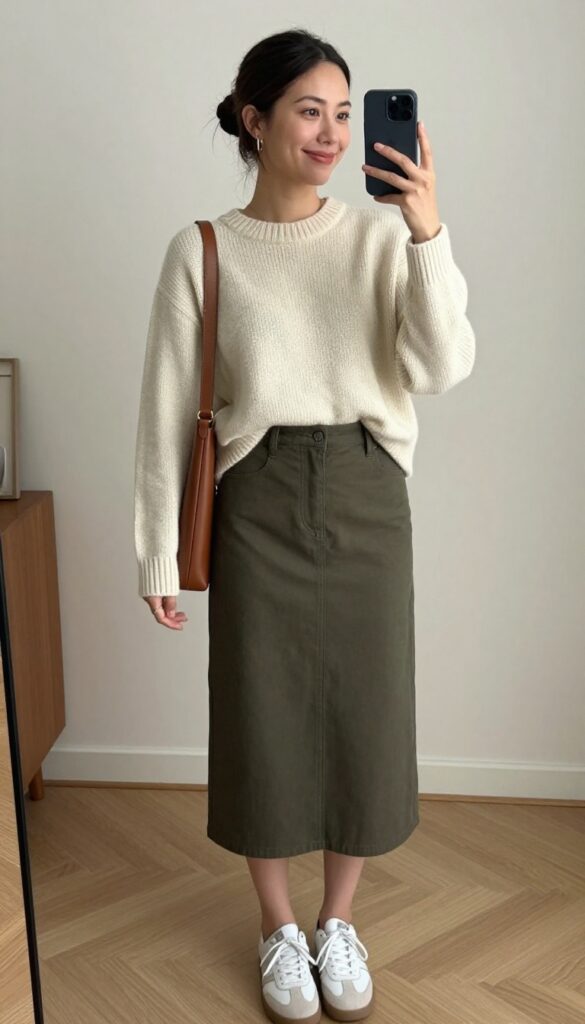 8. Button-Front Midi Skirt with a Half-Tuck Knit Top