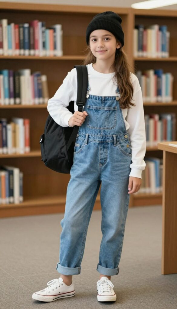 12. Long-Sleeve Tee + Overalls + Sneakers