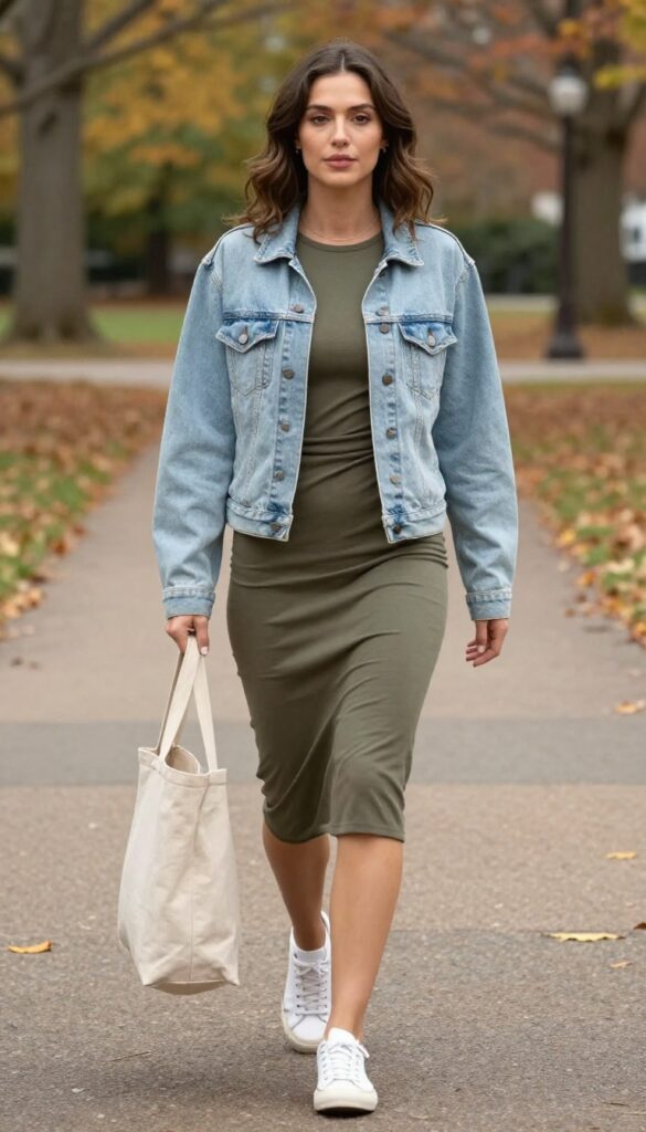 2. Denim Jacket + Midi Dress + White Sneakers