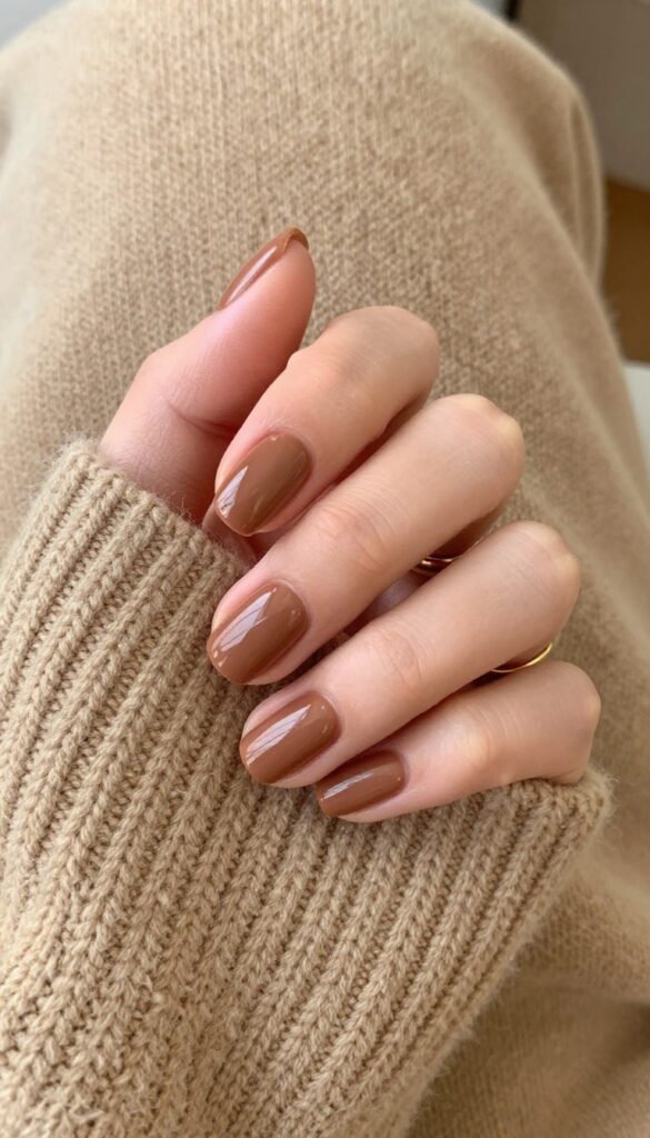 Milk chocolate glazed nails with glossy finish on short squoval nails