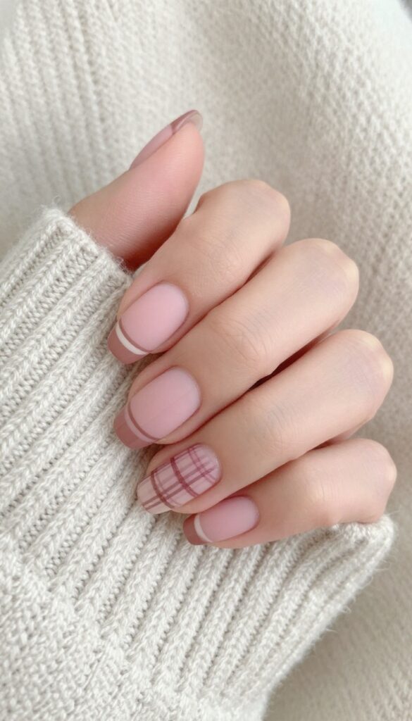 Pink plaid nail design on short almond nails with matte finish