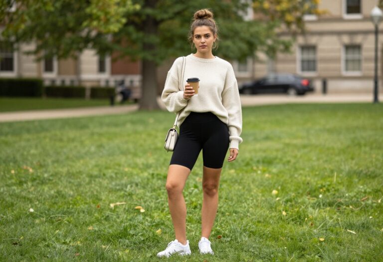 Young woman in oversized sweater and biker shorts on campus