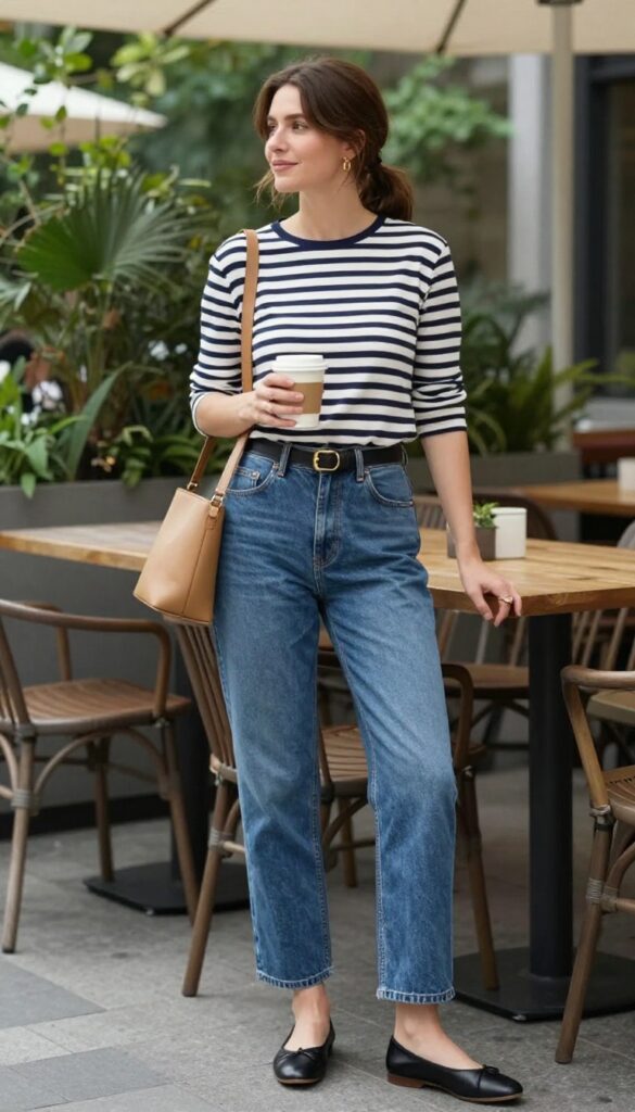 2. Striped Breton Top + Straight-Leg Jeans + Ballet Flats