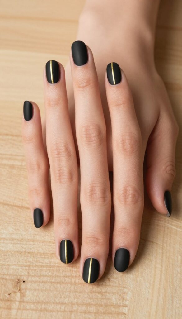 Matte black short nails with a single gold stripe, elegant fall manicure