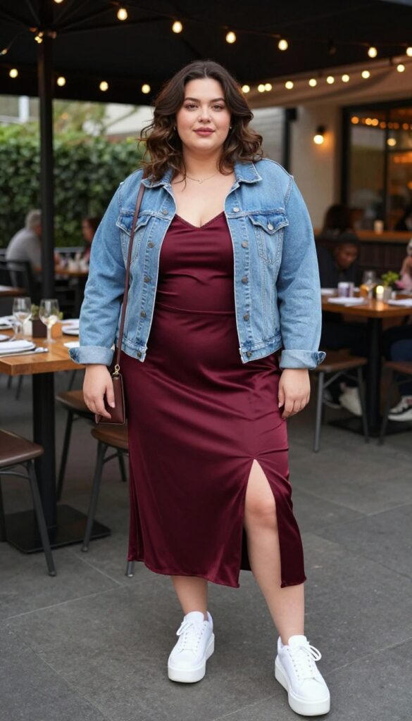 8. Satin Slip Dress with Denim Jacket