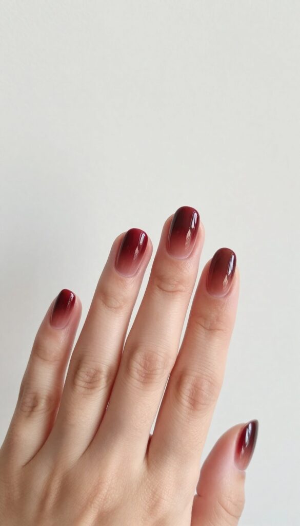 Chocolate cherry ombré short almond nails with glossy finish