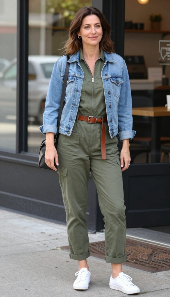 5. Utility Jumpsuit with a Knotted Belt and White Keds
