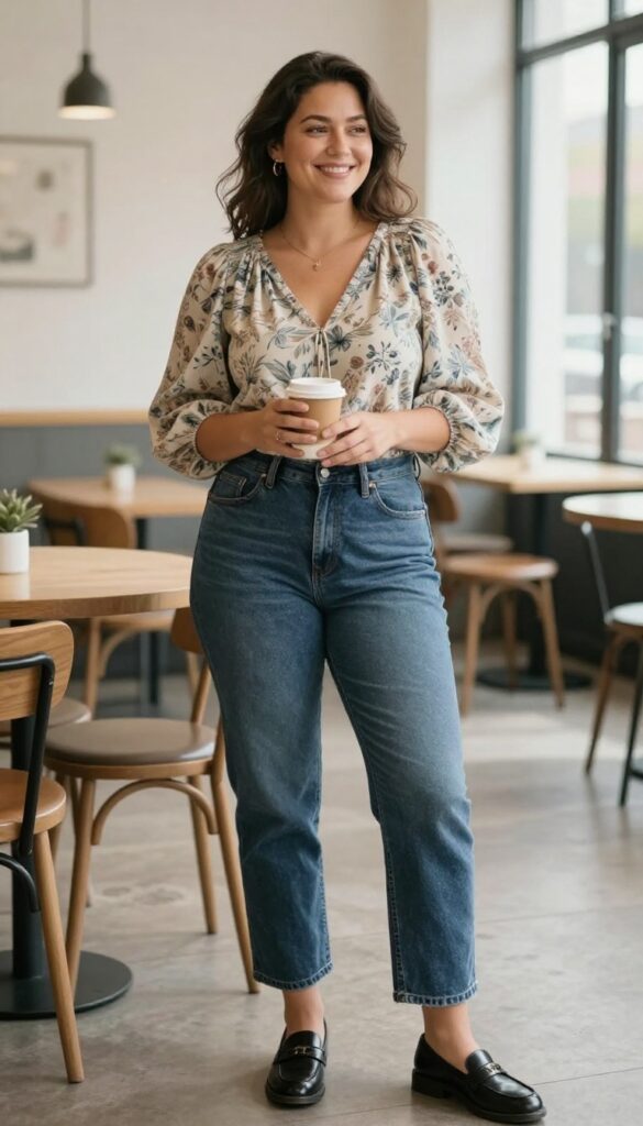 1. Dark Wash Jeans + a Flowy Blouse + Loafers