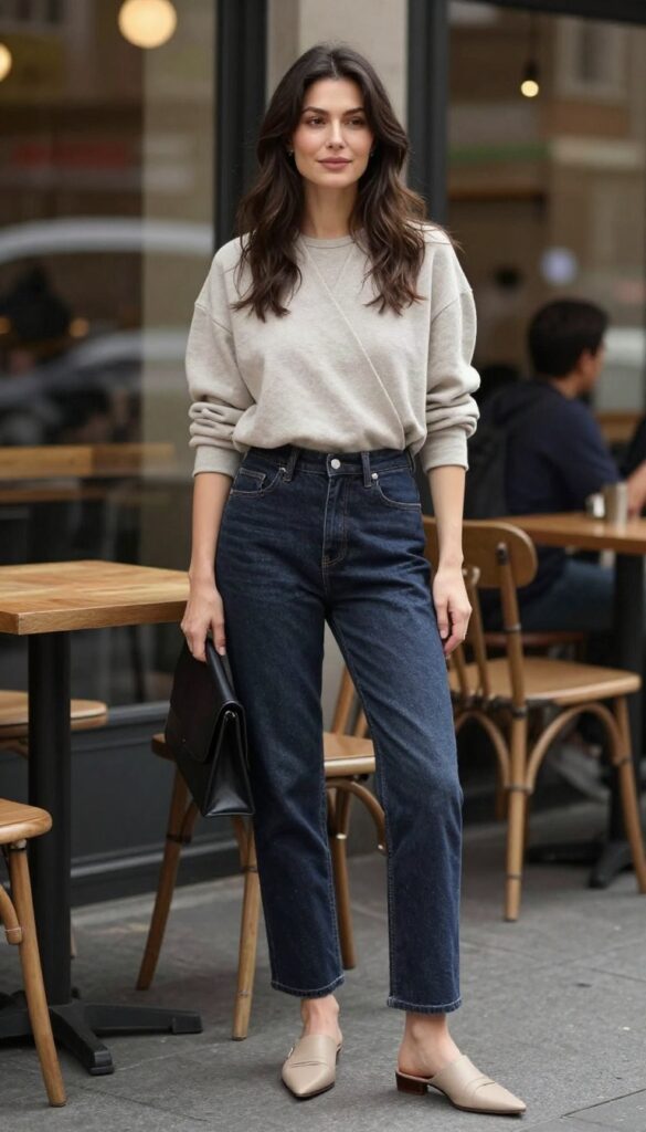 14. Wrap Top + High-Waisted Jeans + Mules