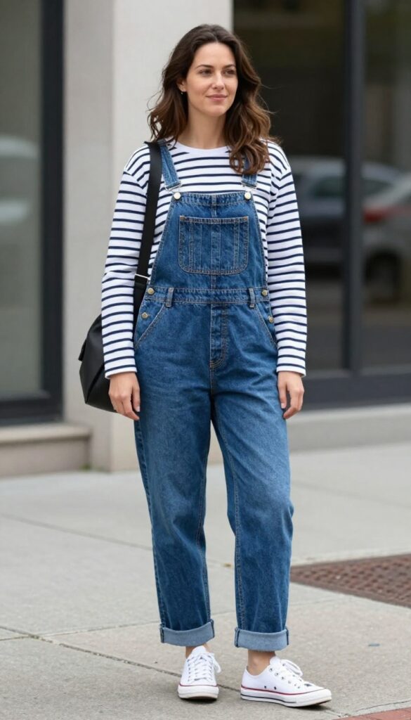 7. Denim Overalls + Striped Long-Sleeve + Sneakers