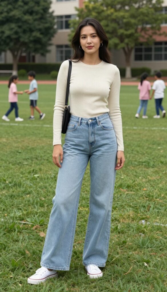 6. Wide-Leg Jeans with a Knit Top and Slip-Ons