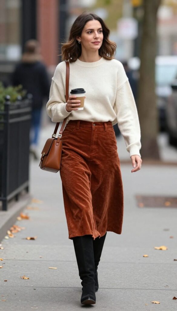 9. Corduroy Skirt with a Cozy Crewneck Sweater and Knee-High Boots