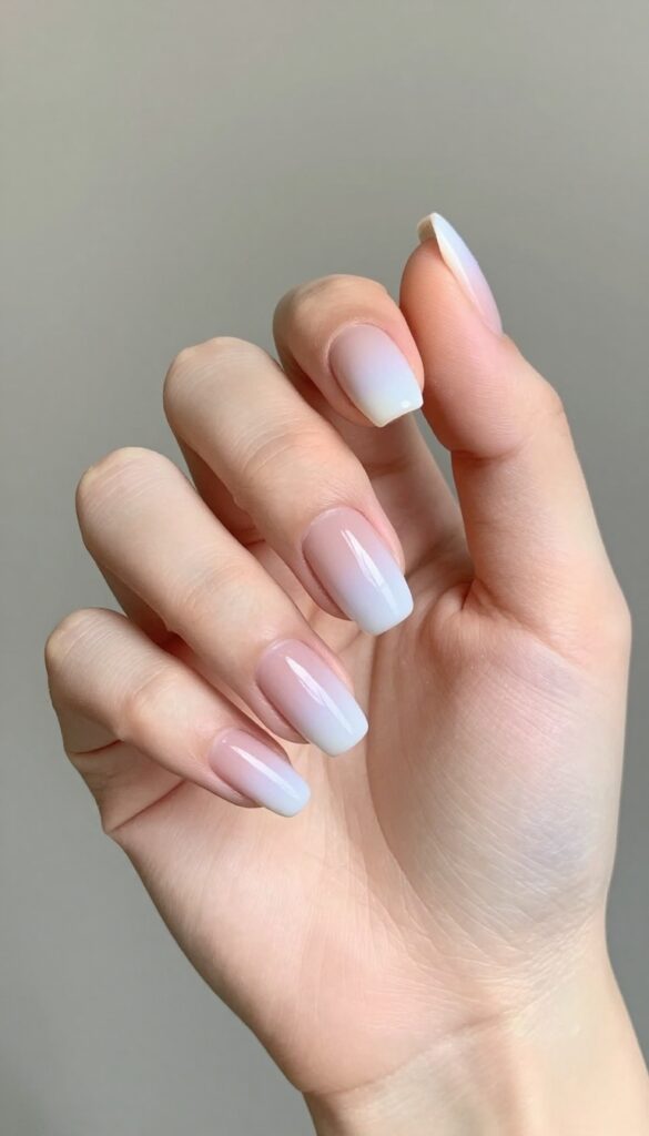 Ghostly gradient nails with sheer nude base fading to white or pale lavender tips
