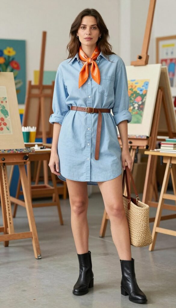 6. Chambray Shirt Dress + Leather Belt + Ankle Boots