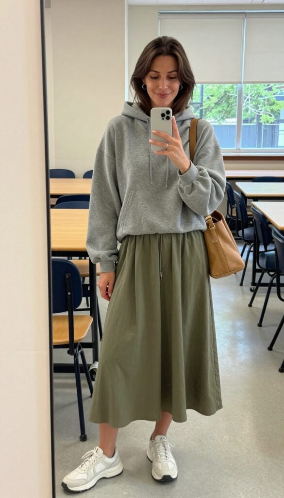 12. Hoodie with a Midi Skirt and Sneakers