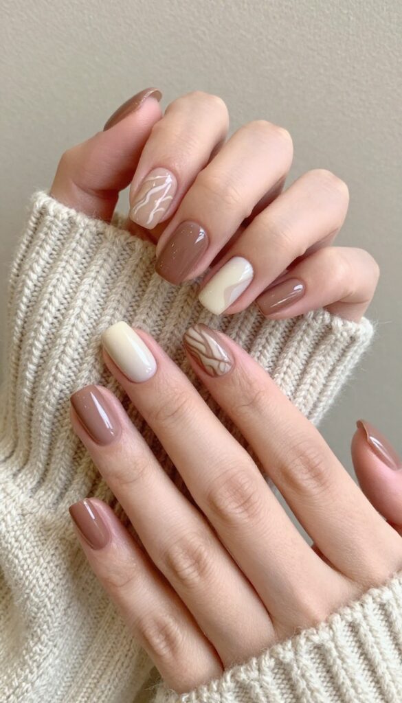 Mocha swirl gel nails with creamy brown base and latte swirls, glossy finish