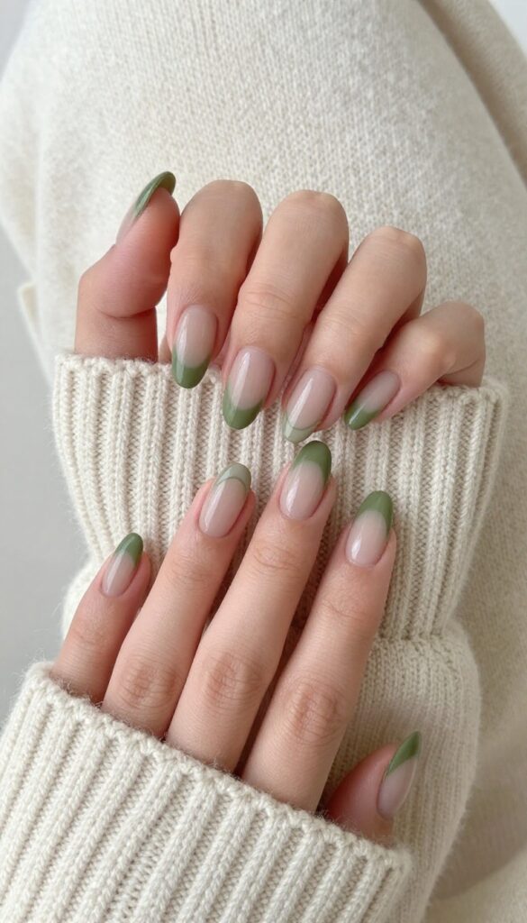 Matte olive green French tip nails on almond shape with sheer nude base