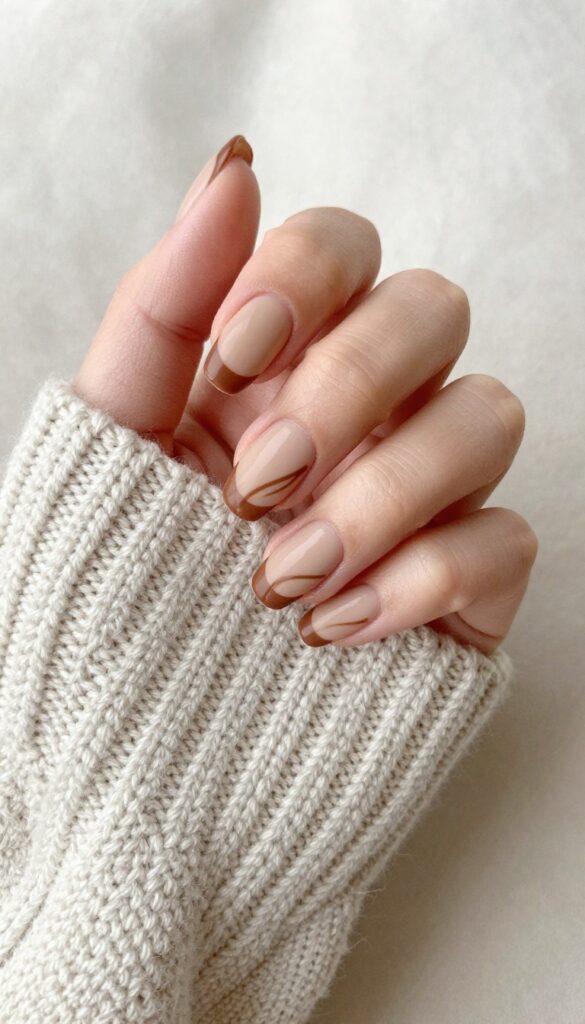 Chocolate swirl French tip nails with matte finish on a cozy sweater